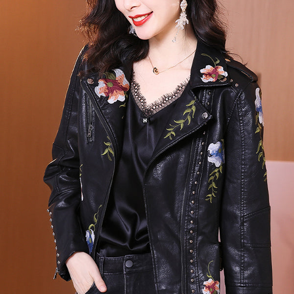 Henley Faux Leather Jacket with Floral Print Embroidery