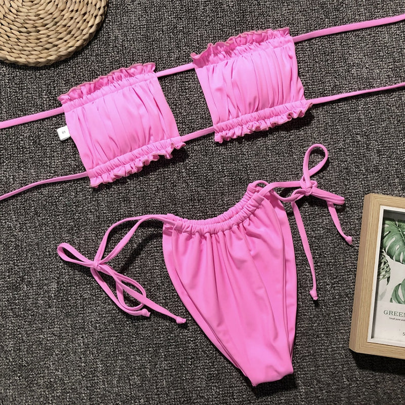 Fancy Splash Pleated Bandeau Swimsuit Bikini Set