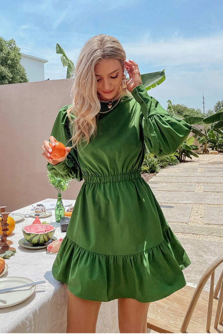 Arabella Green Elegant Dress with Lantern Sleeves