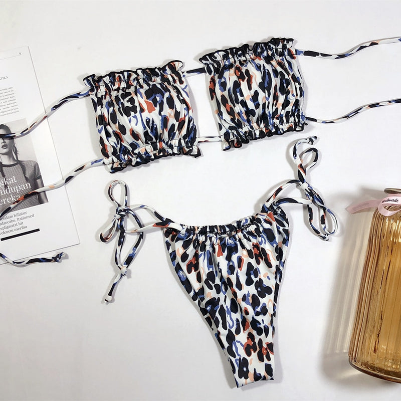 Fancy Splash Pleated Bandeau Swimsuit Bikini Set