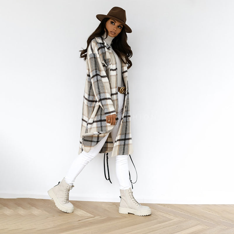 Beeba Elegant Plaid Woolen Coat